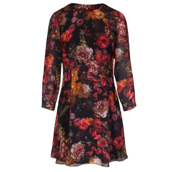 Adam Lippes Black Floral Printed Silk Georgette Skater Dress Size 4 - Picture 1 of 9